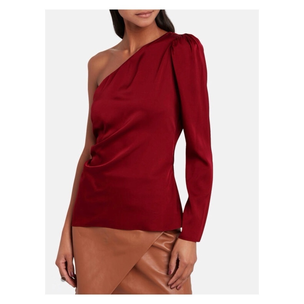 INTERMIX 100% silk one shoulder top in wine - Picture 2 of 8